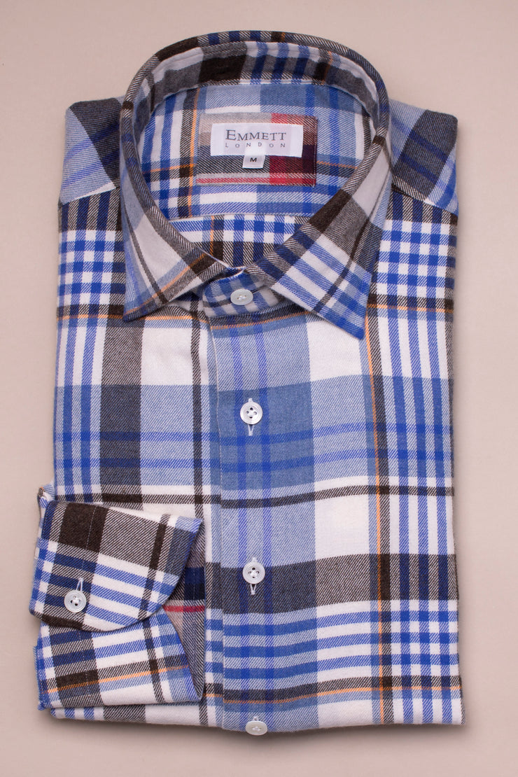 Blue Brushed Cotton Checks Shirt