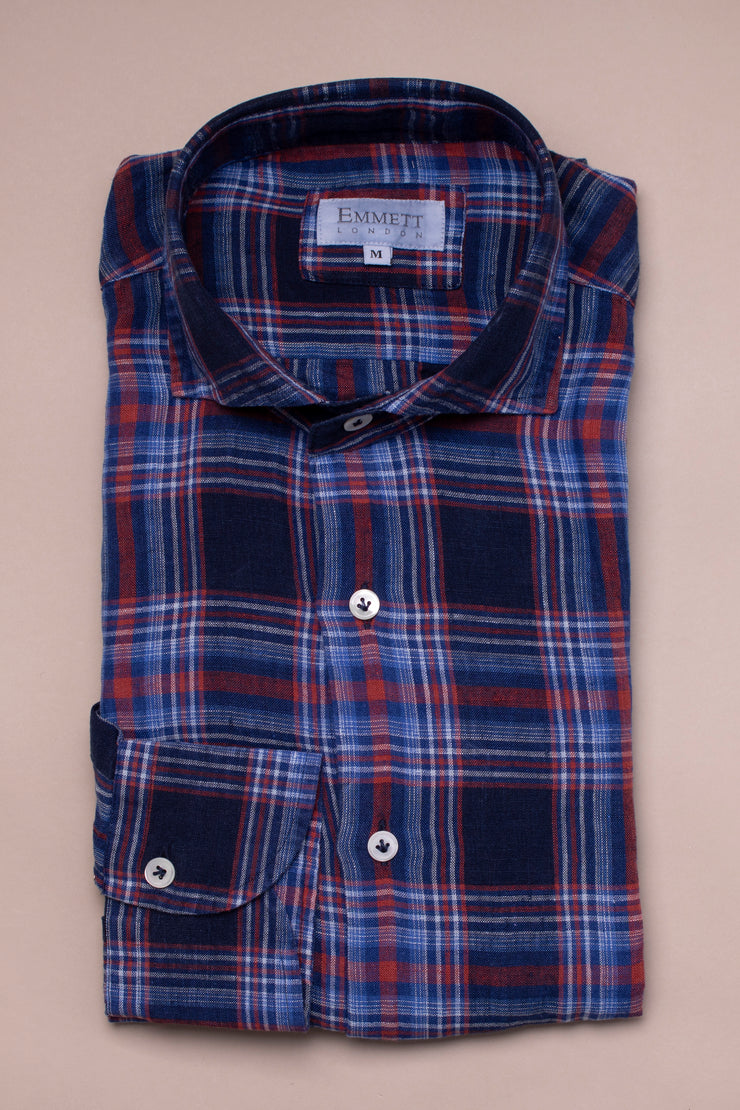 Red And Navy Linen Check Shirt