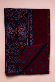 Burgundy Patterned And Blue Wool Scarf
