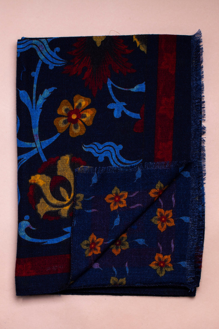 Blue And And Yellow Floral Wool Scarf