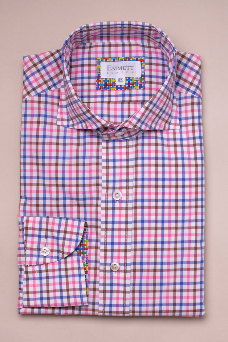 Pink Brown And Blue Checked Shirt