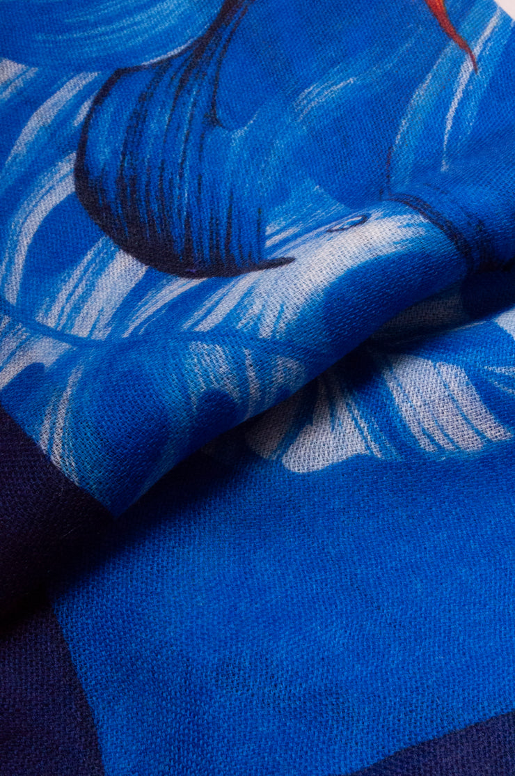 Bright Blue Floral Design Cashmere Scarf