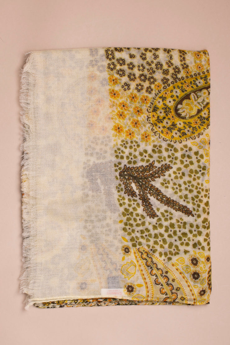 Light Yellow Paisley Printed Cashmere Scarf