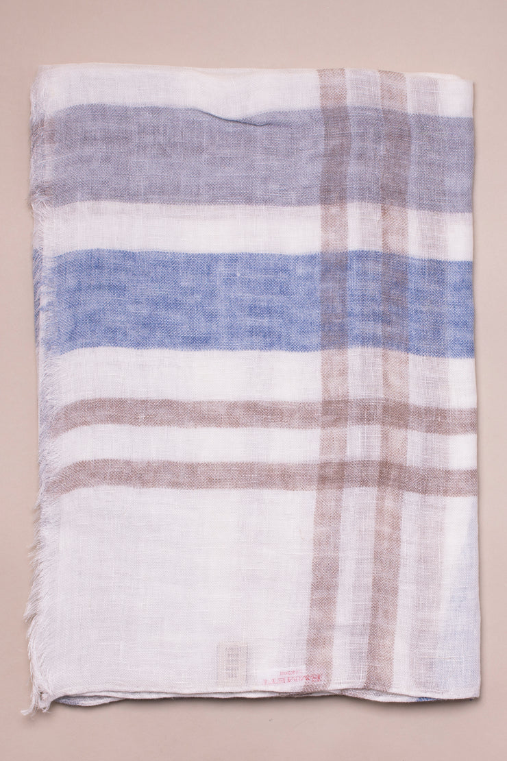 White And Blue Linen Checked Scarf