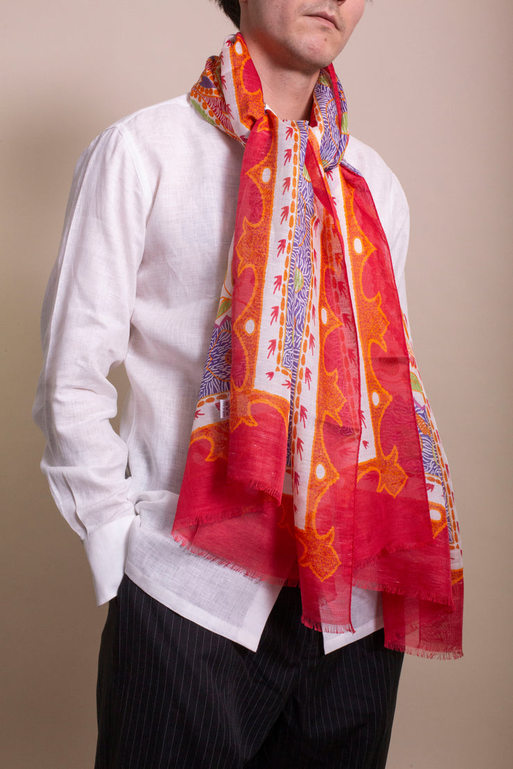 Red Paisley Printed Silk Linen Scarf