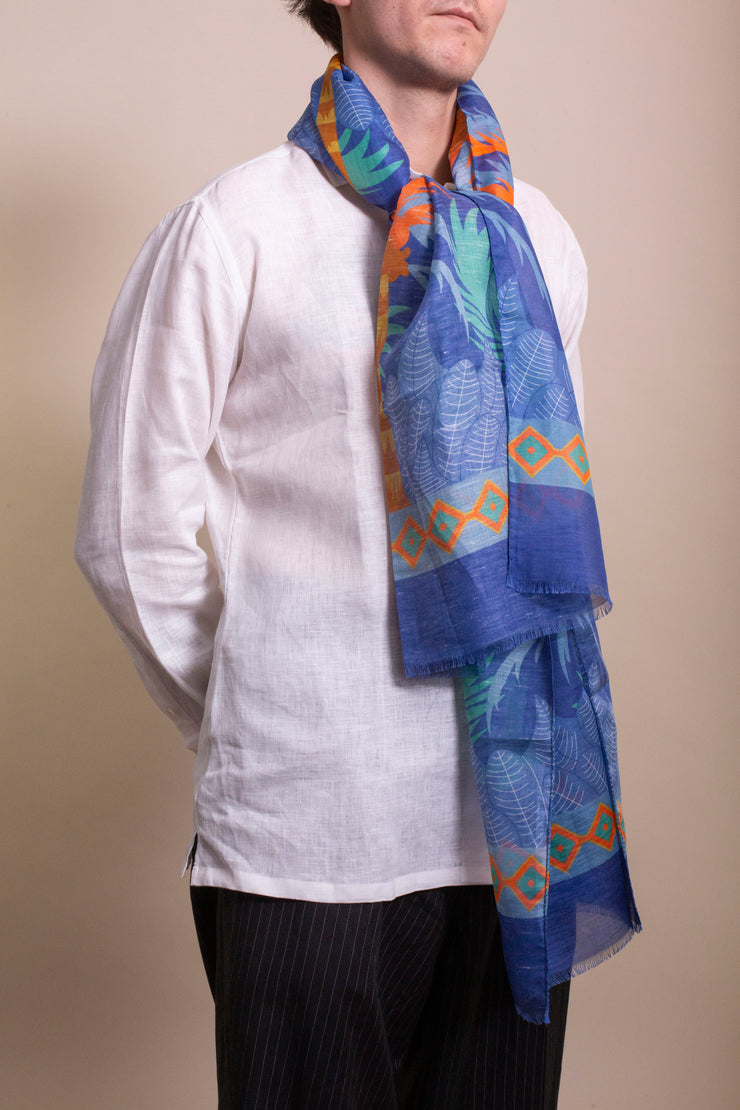 Bright Blue Floral Printed Silk Linen Scarf
