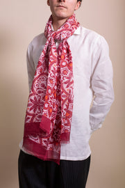 Red Floral printed Silk Linen Scarf