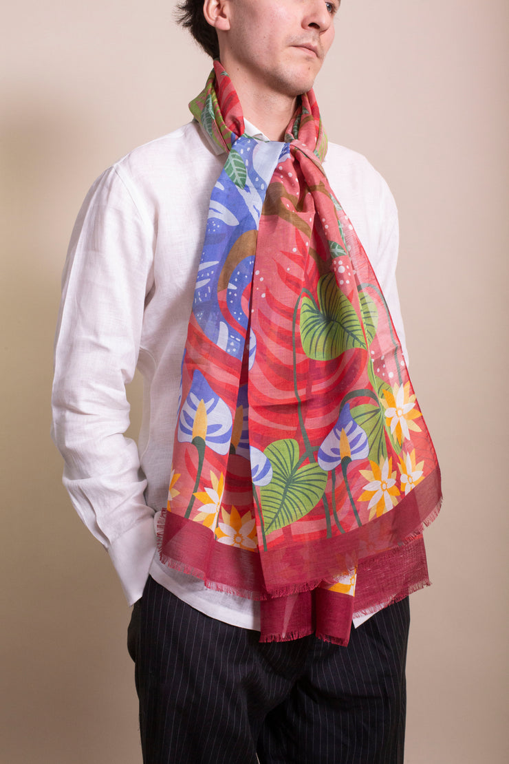 Pink And Blue Silk Linen Scarf