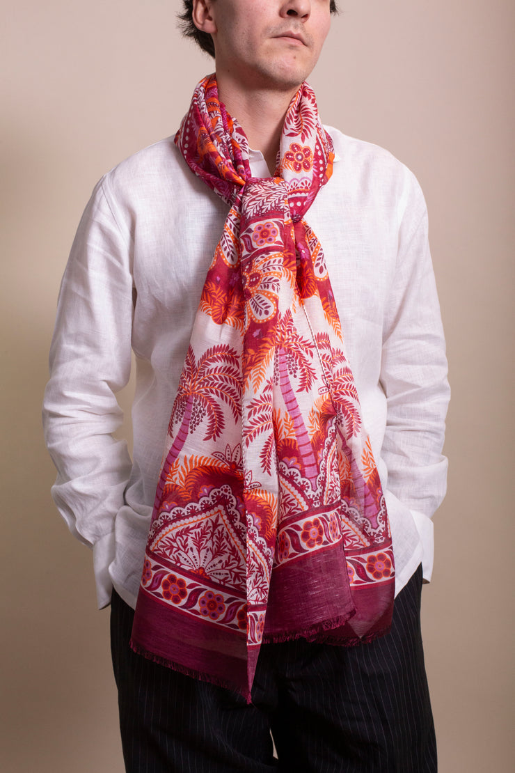 Red Palm Tree Printed Silk Linen Scarf