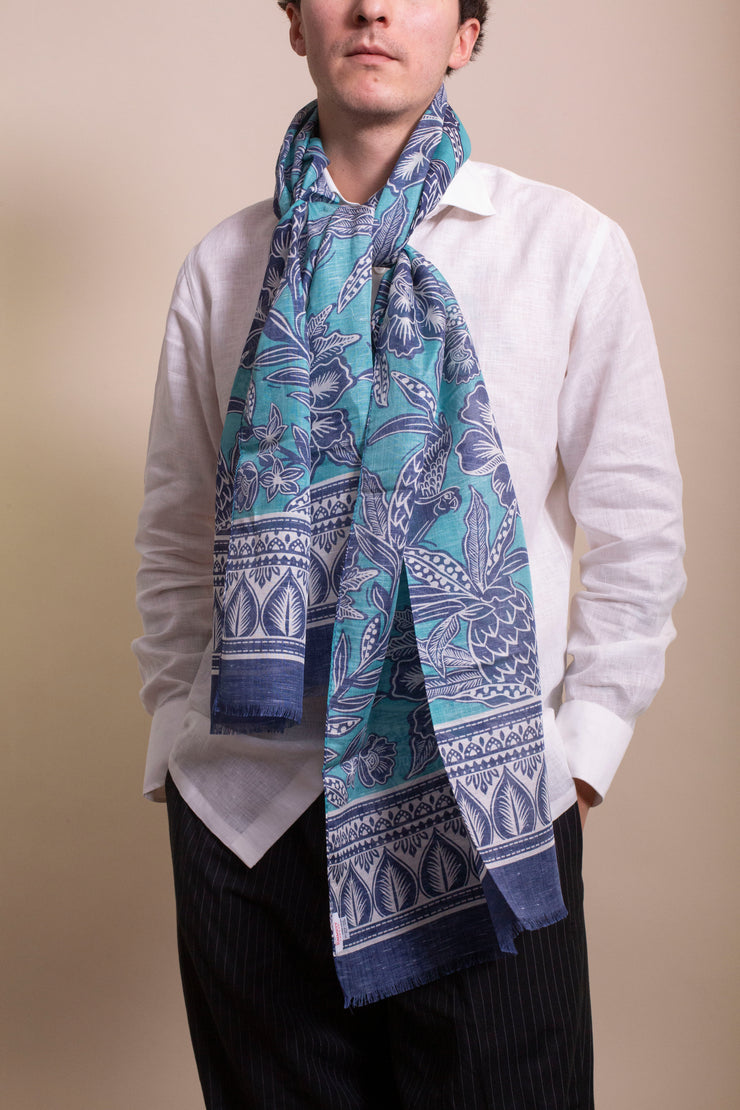 Turquoise Silk Linen Printed Scarf