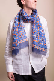 Blue And Orange Design Silk Linen Scarf