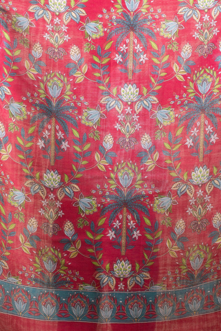 Deep Red Floral Silk Linen Scarf