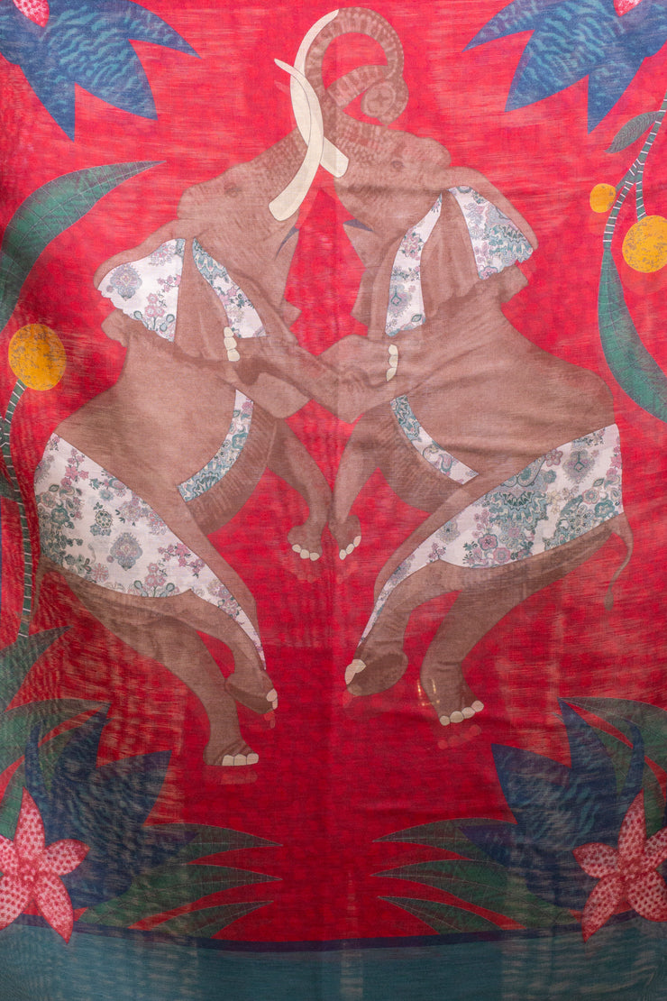 Red Elephant Printed Silk Linen Scarf