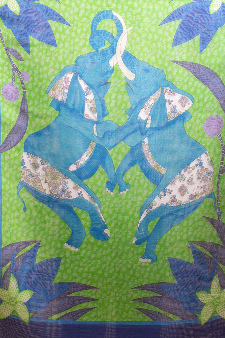 Green And Blue Elephant Silk Linen Scarf