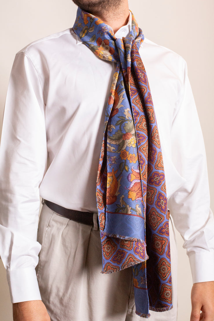 Light Blue Bold Flower Printed Silk Scarf
