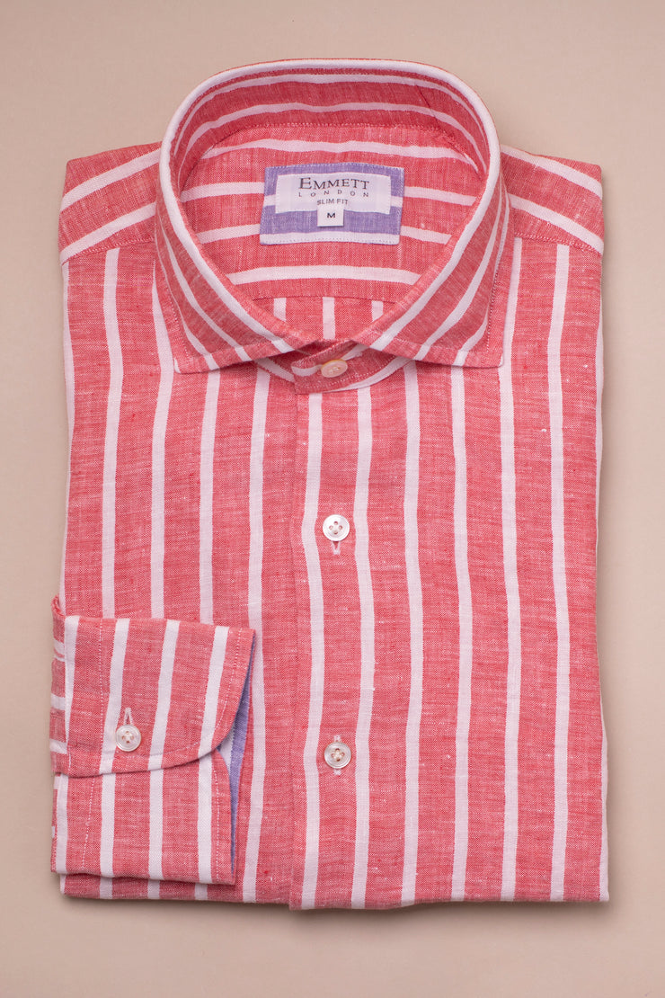 Red Wide Linen Stripe Shirt