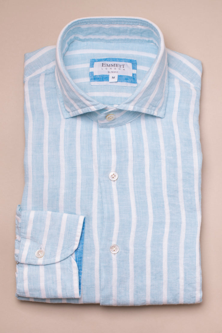 Light Blue Wide Linen Stripe Shirt