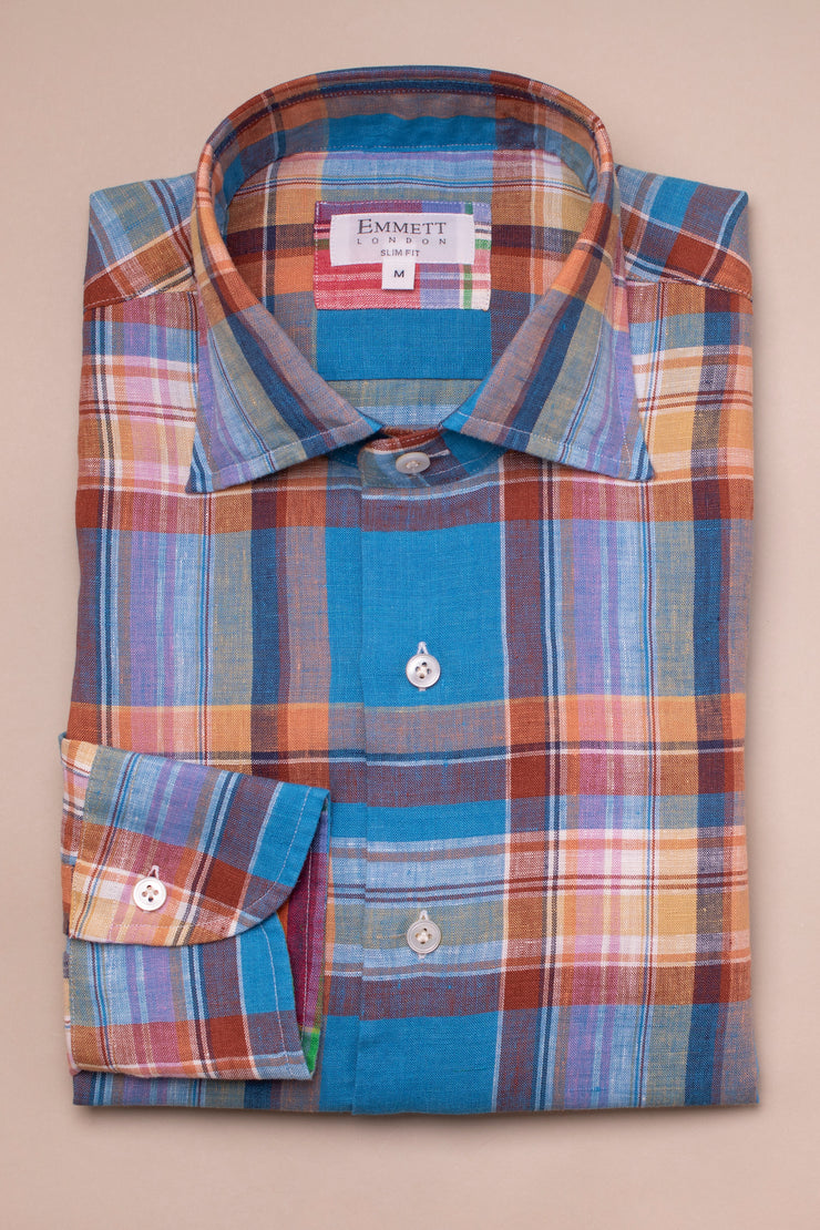 Blue Multi Madras Check Linen Shirt