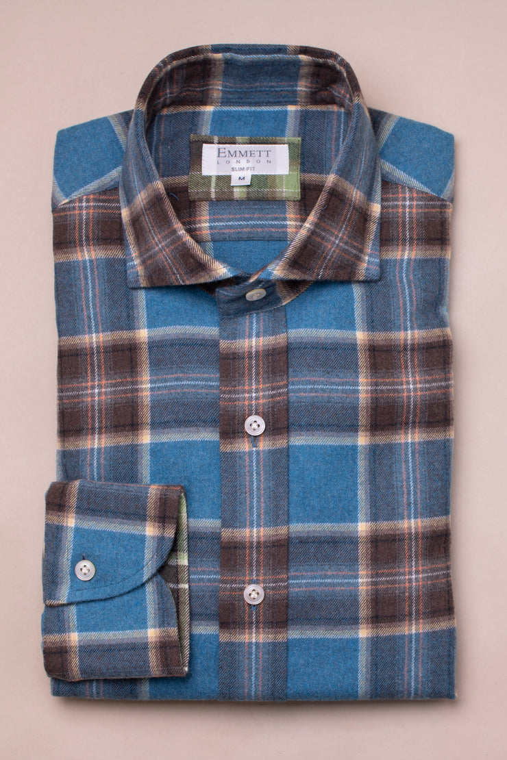 Blue Brushed Cotton Check Shirt