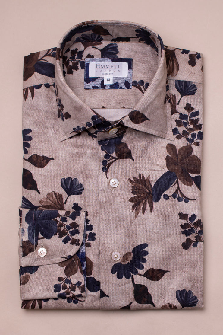 Soft Beige And Blue Floral Shirt