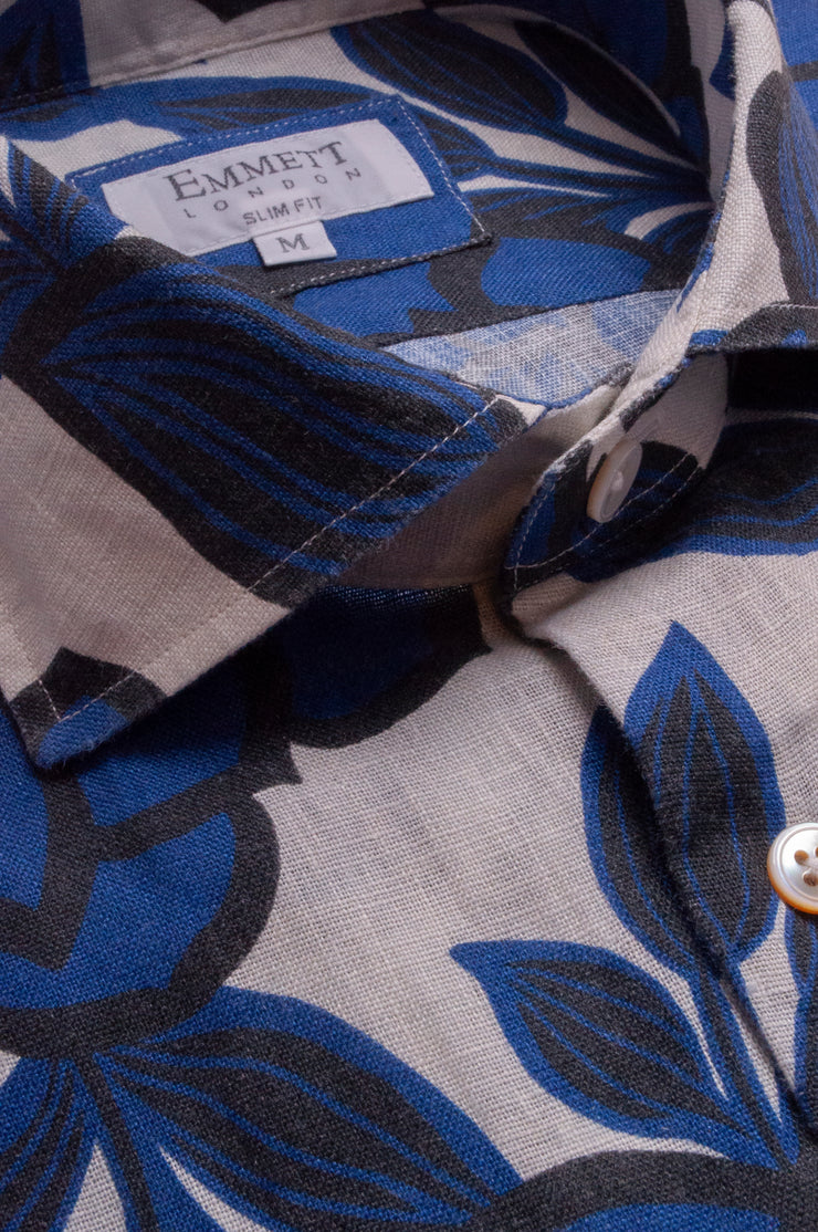 Deep Blue Bold Flower Linen Shirt
