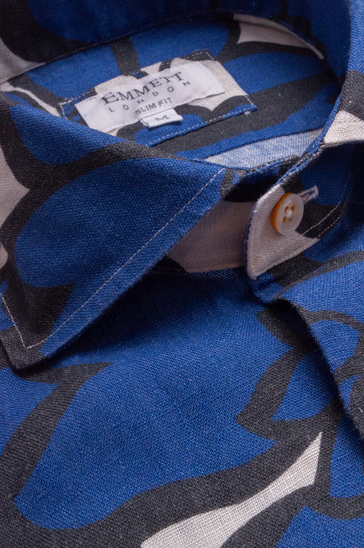 Bold Dark Blue Printed Linen Shirt