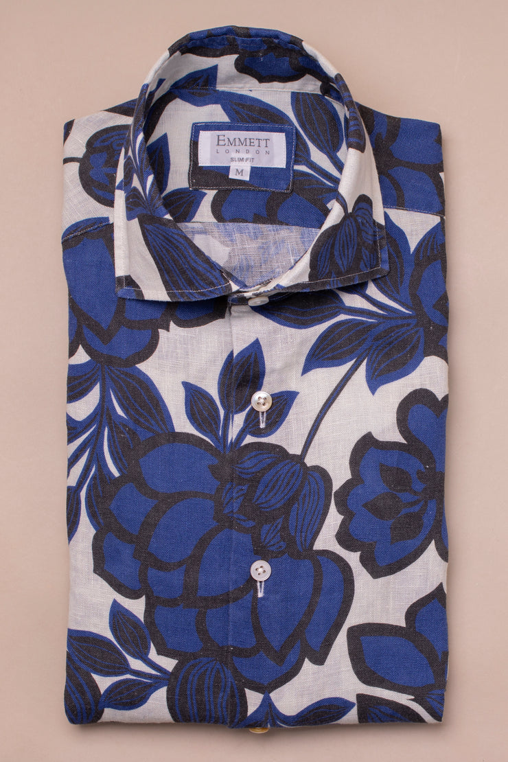 Deep Blue Bold Flower Linen Shirt