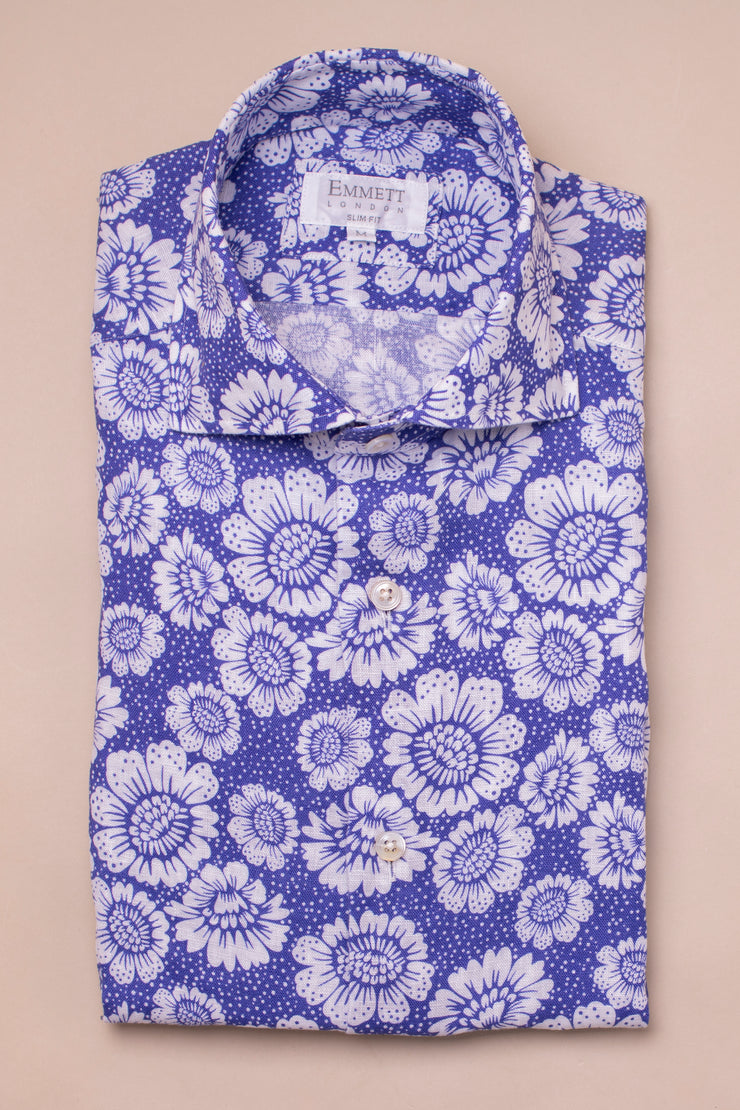 White And Blue Flower Linen Shirt