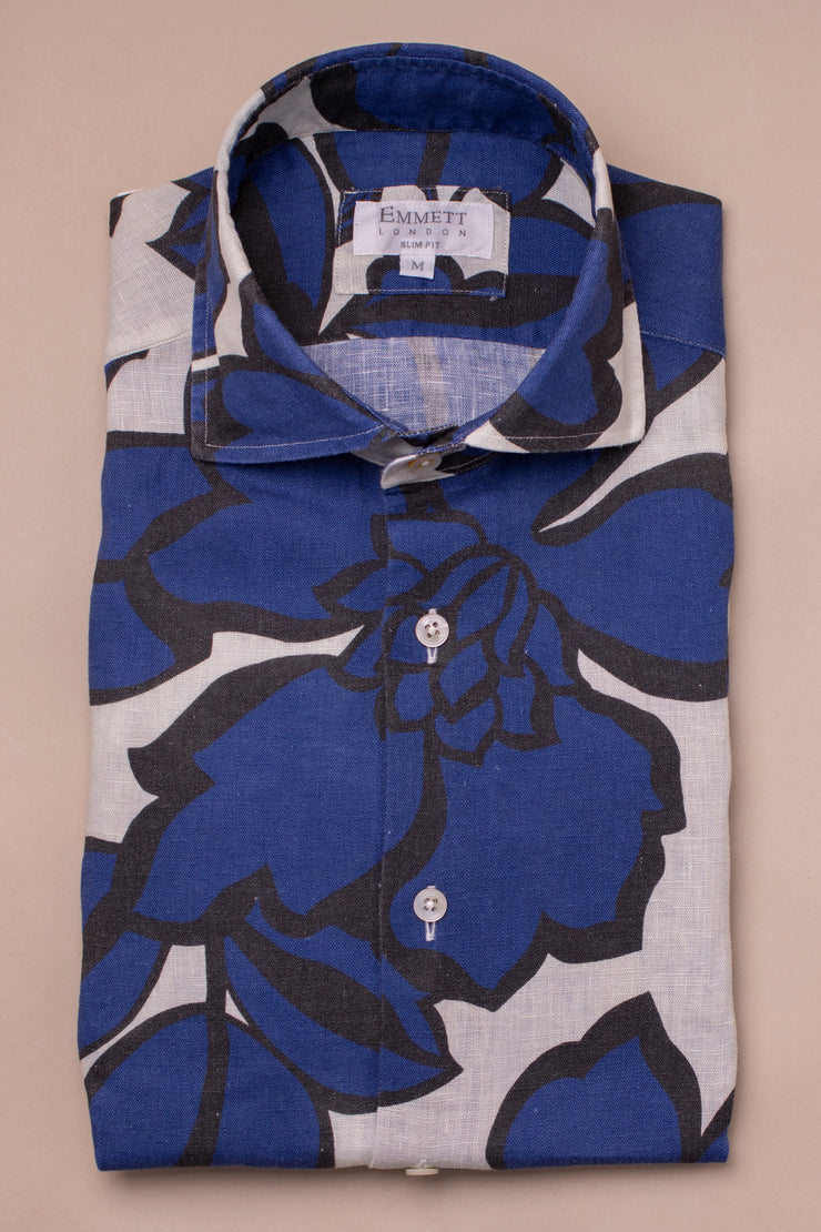 Bold Dark Blue Printed Linen Shirt