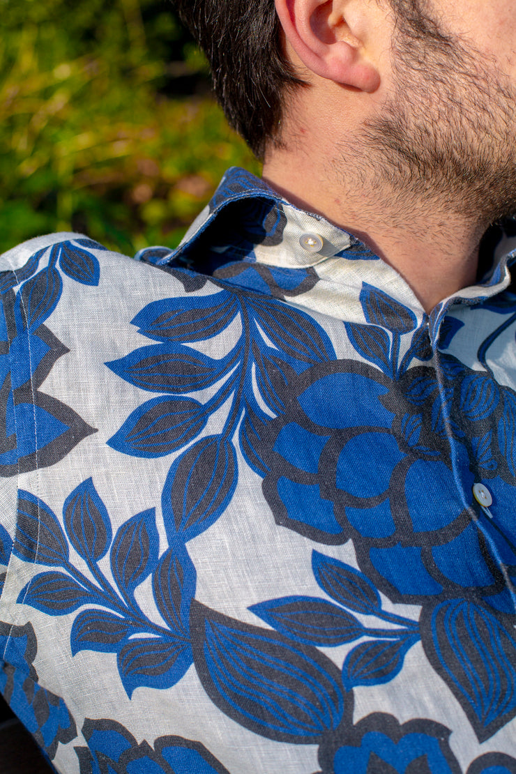Deep Blue Bold Flower Linen Shirt