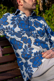 Deep Blue Bold Flower Linen Shirt