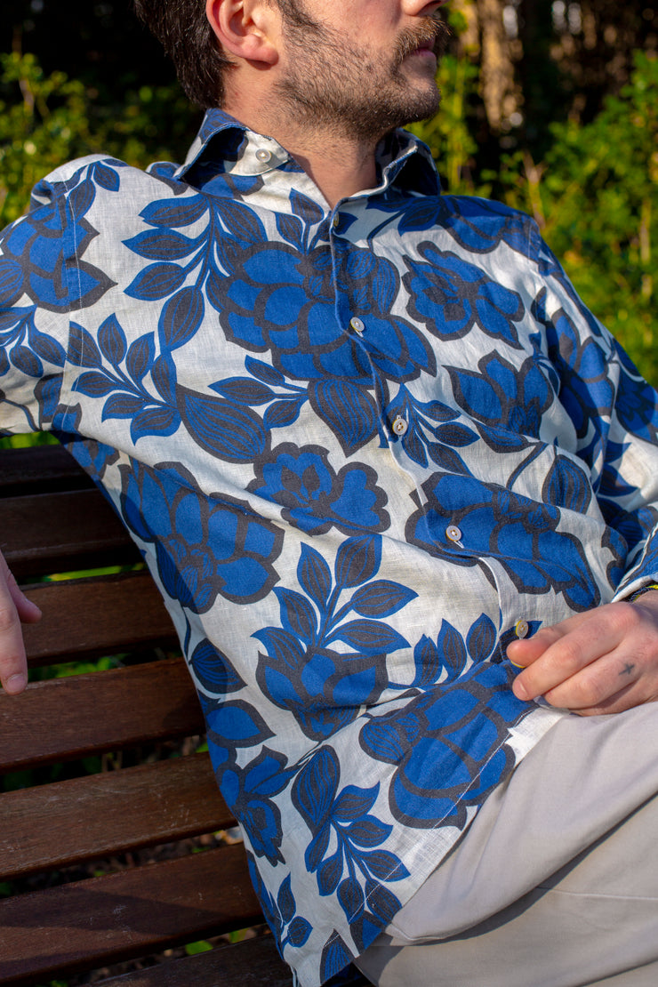 Deep Blue Bold Flower Linen Shirt
