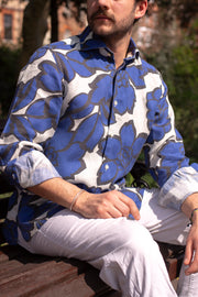 Bold Dark Blue Printed Linen Shirt
