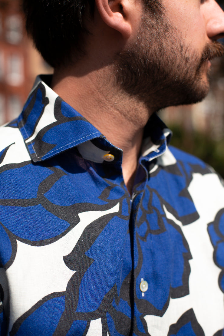 Bold Dark Blue Printed Linen Shirt
