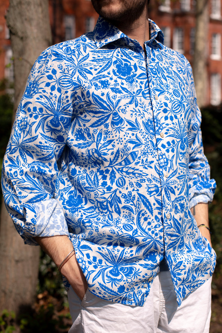 Bright Blue Printed Linen Shirt