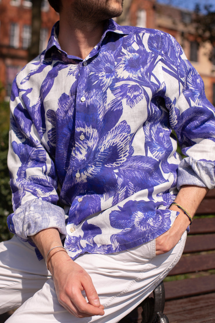 Bold Purple Floral Printed Linen Shirt