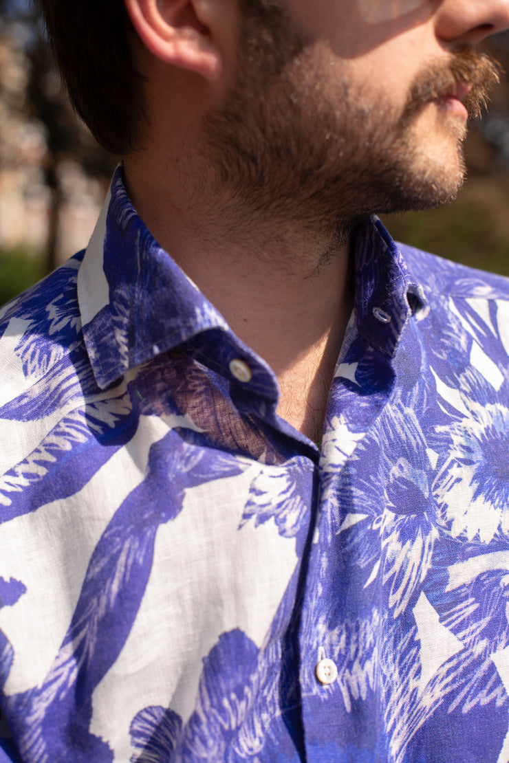 Bold Purple Floral Printed Linen Shirt