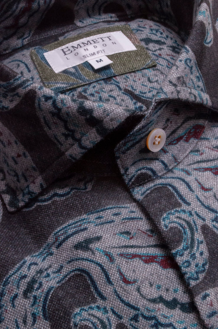 Grey Brushed Cotton Printed Shirt