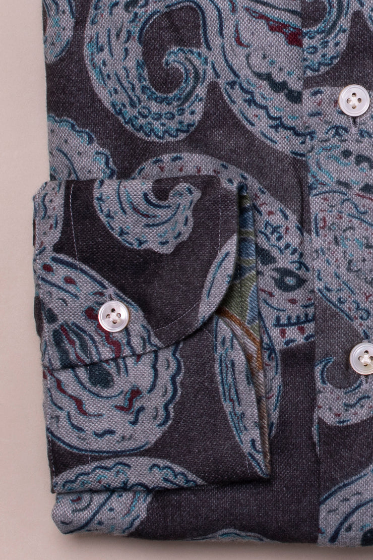 Grey Brushed Cotton Printed Shirt
