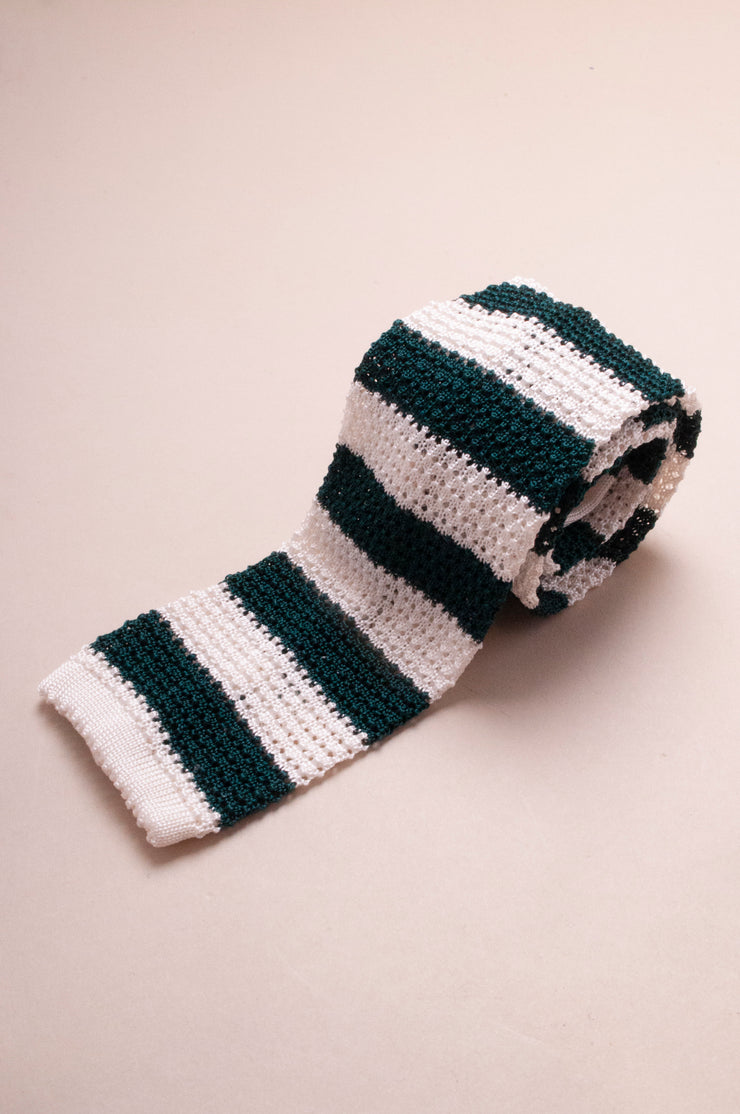 Green and White Knitted Silk Tie