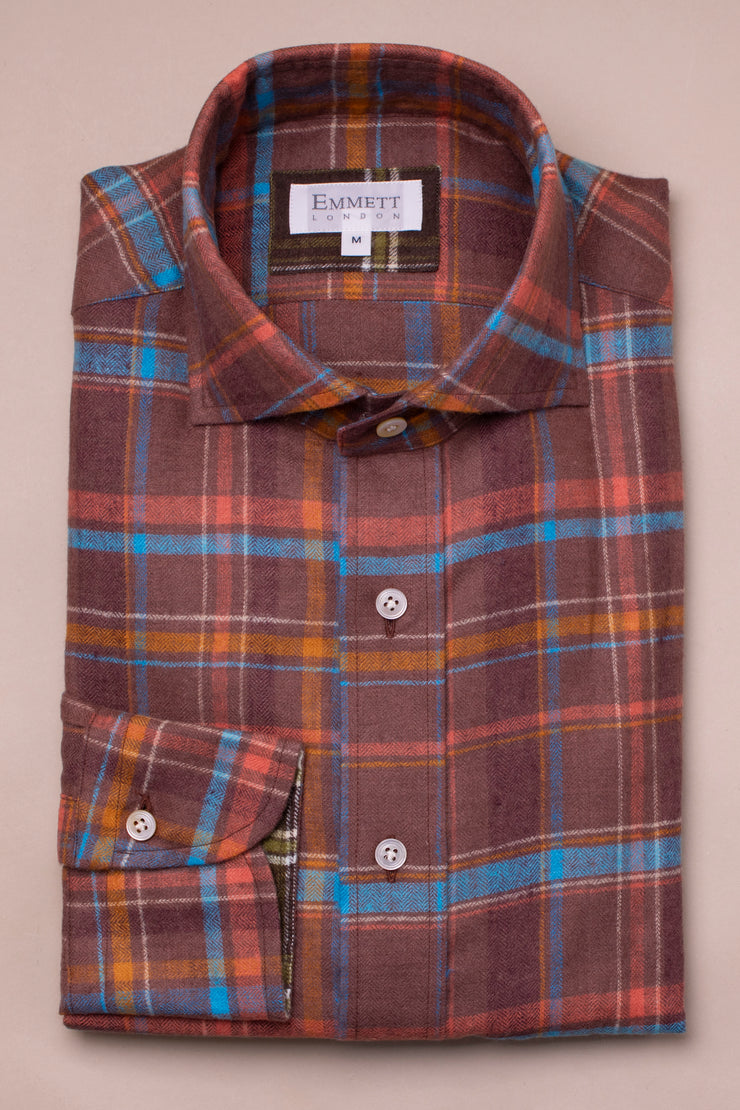 Brown And Blue Brushed Linen Checked Shirt
