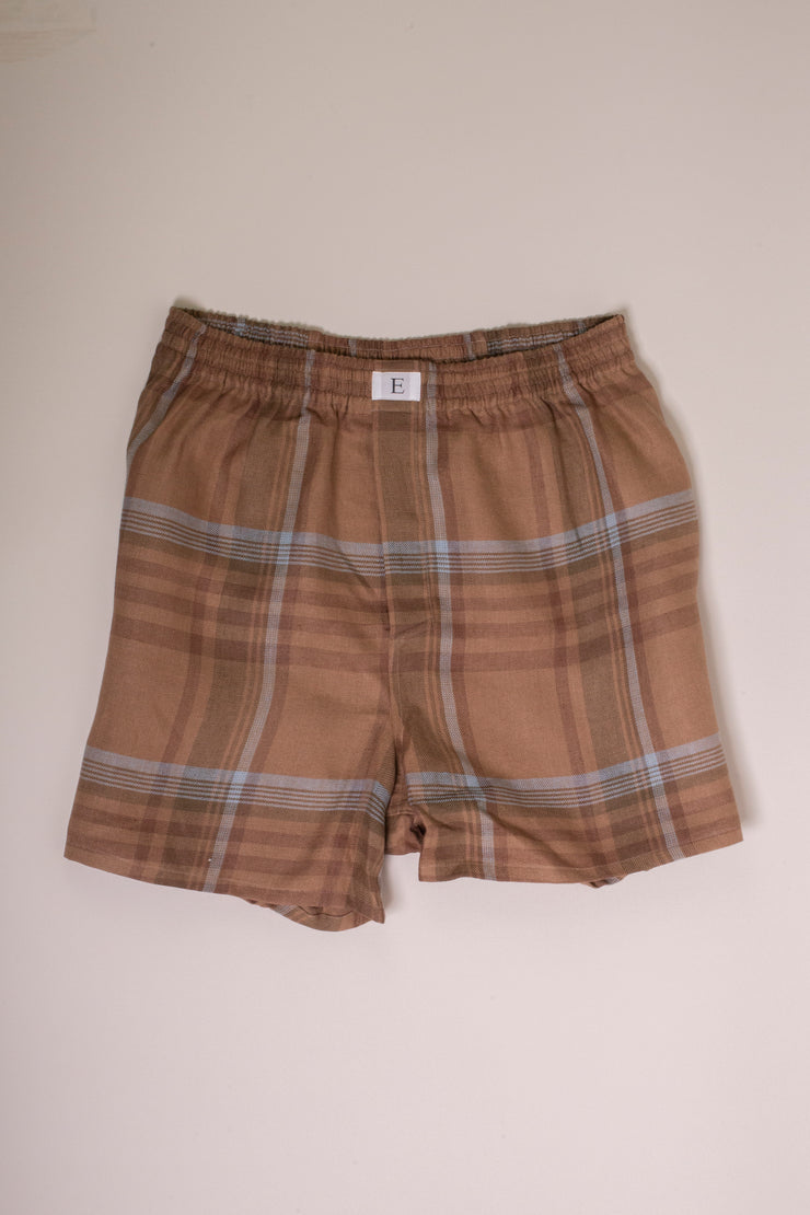 Brown And Blue Checked Linen Boxers