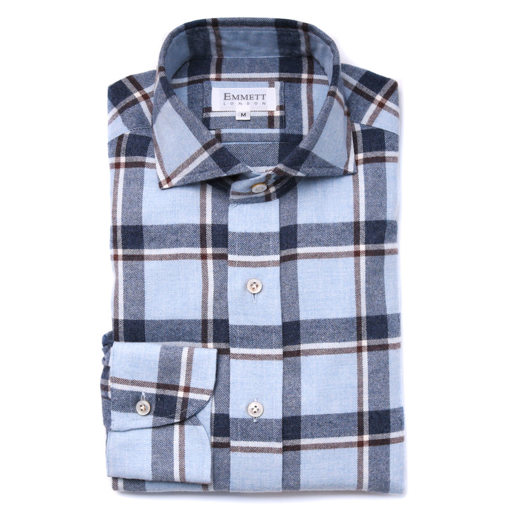 Light Blue And Navy Brushed Cotton Check Shirt