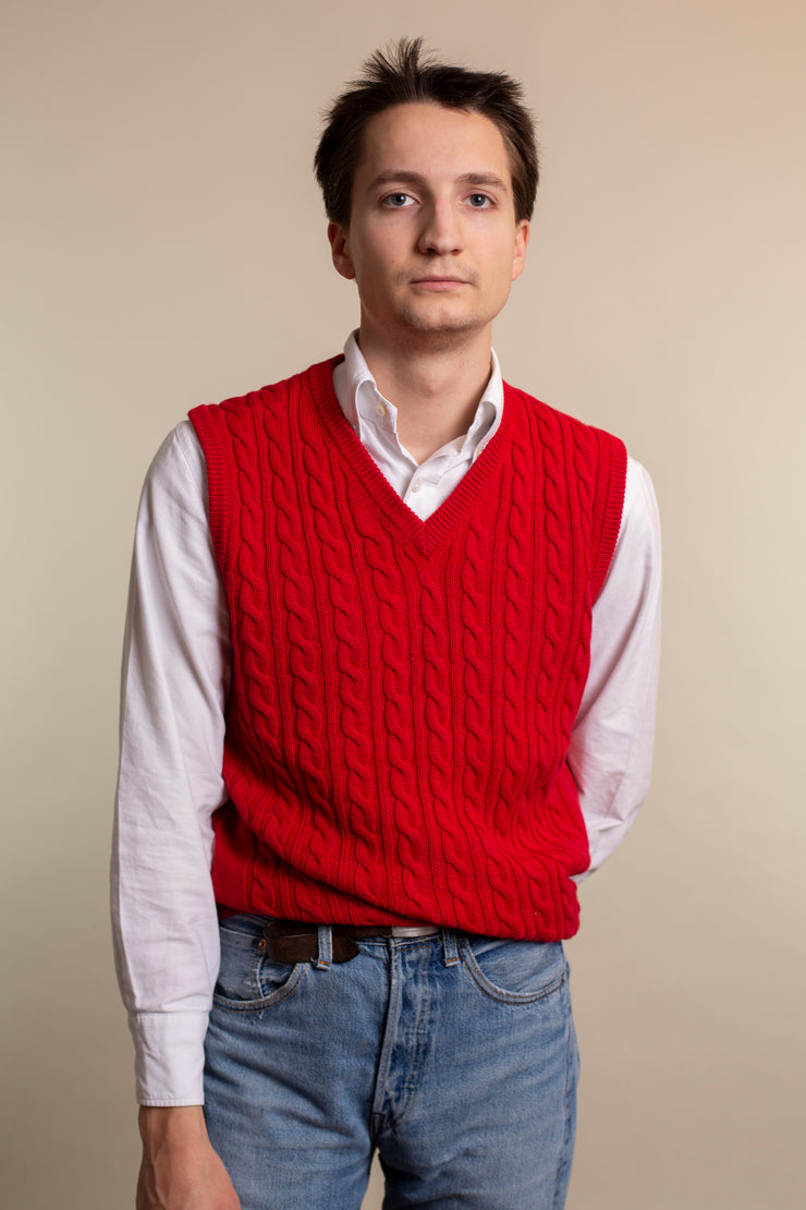 Red Merino Wool Cable Knit Vest