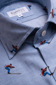 Race Skiers on Light Blue Shirt