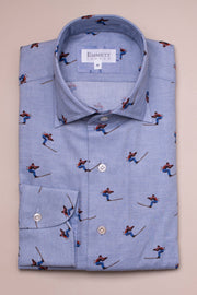 Race Skiers on Light Blue Shirt