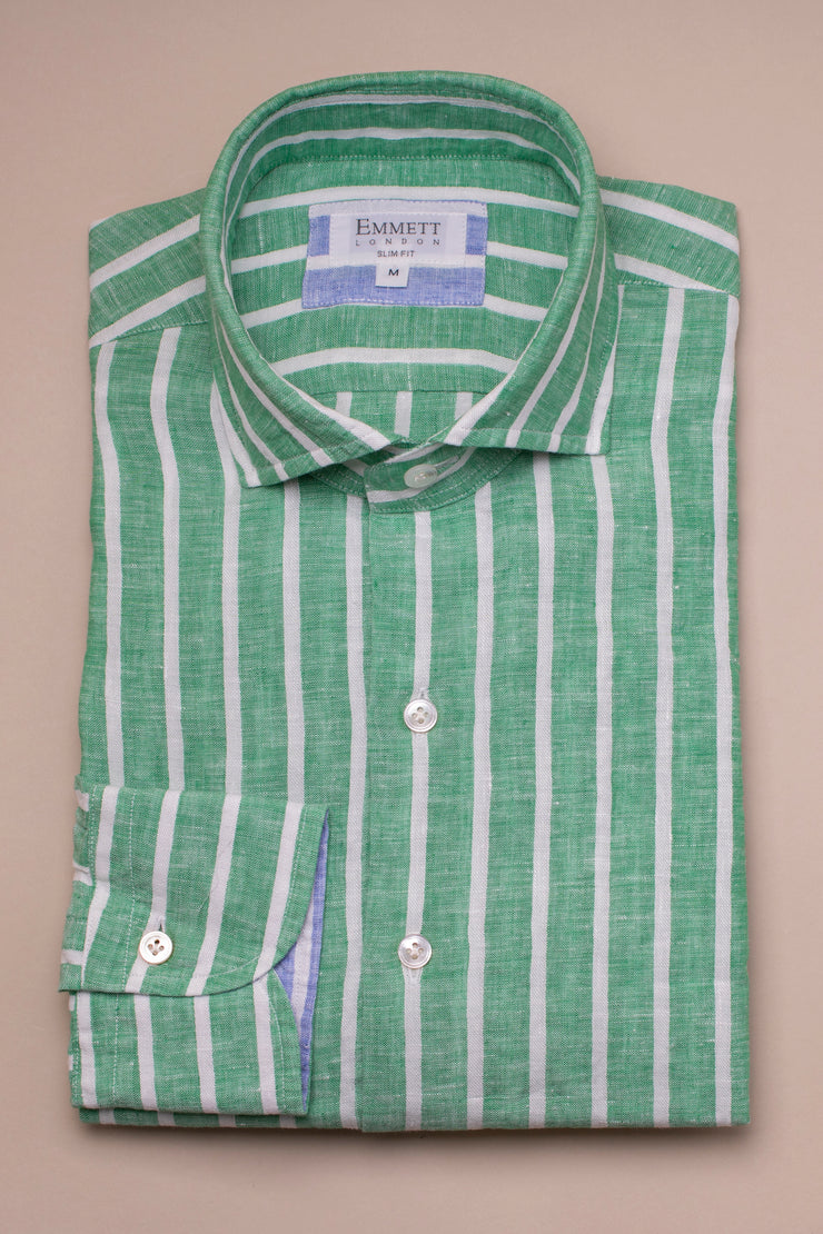 Wide Green Linen Stripes Shirt
