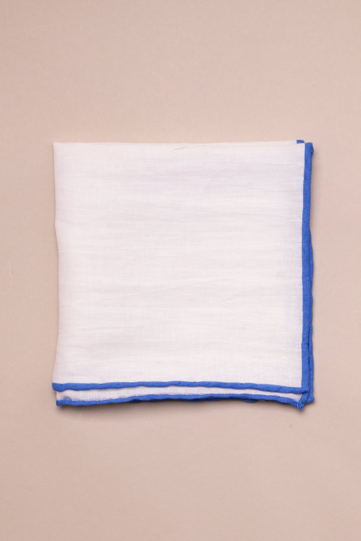 White Linen With Blue Piping Pocket Square